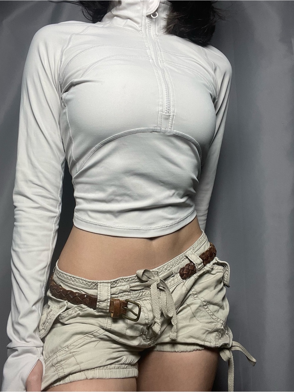 Cropped White Long-Sleeve Zip-Front Active Top